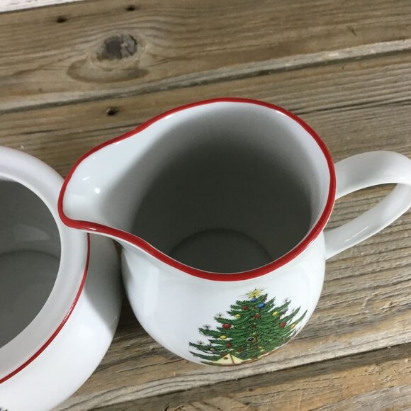Cuthbertson American Christmas Tree Creamer & Sugar Bowl Set Porcelain Red Trim - Picture 6 of 10